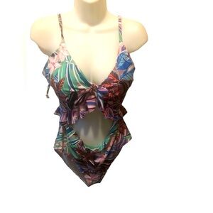 Hurley Floral Cut Out One Piece Swimsuit XL Ruffled Lace Up Back Coconuts